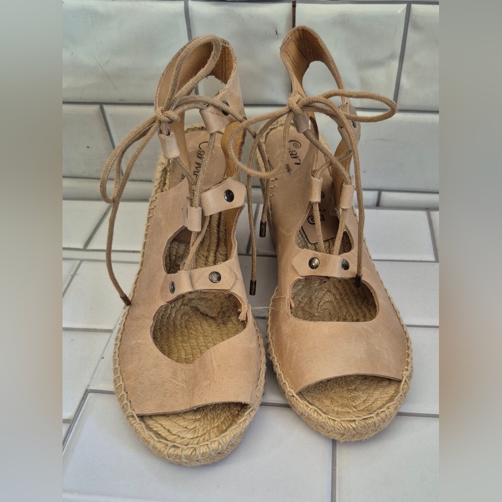 Anthropoligie Carmen Saiz Made In Spain Leather Strappy Espadrille Wedge Sandals
